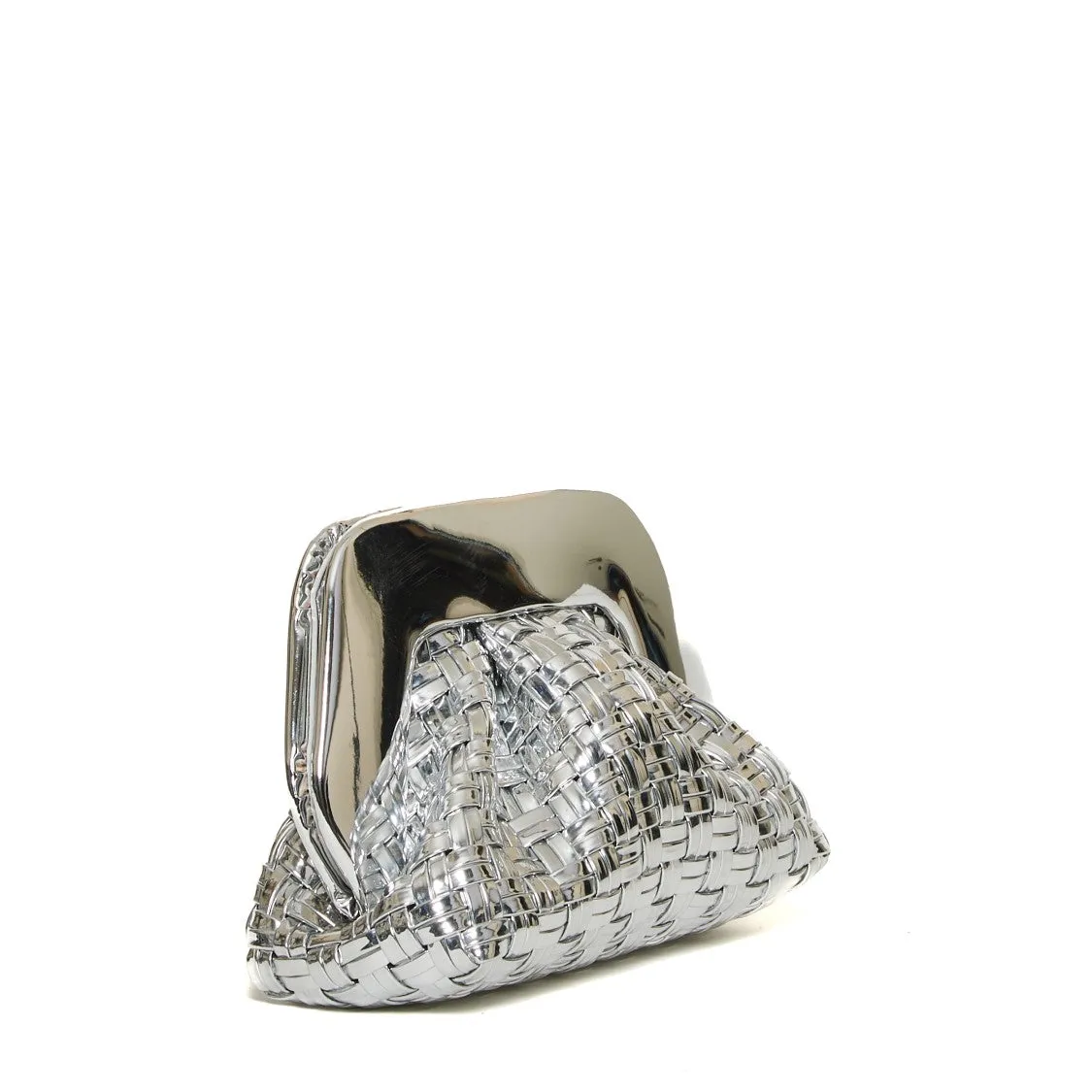 Woven Silver Vegan Leather Clutch With Mirrored Finish