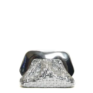 Woven Silver Vegan Leather Clutch With Mirrored Finish