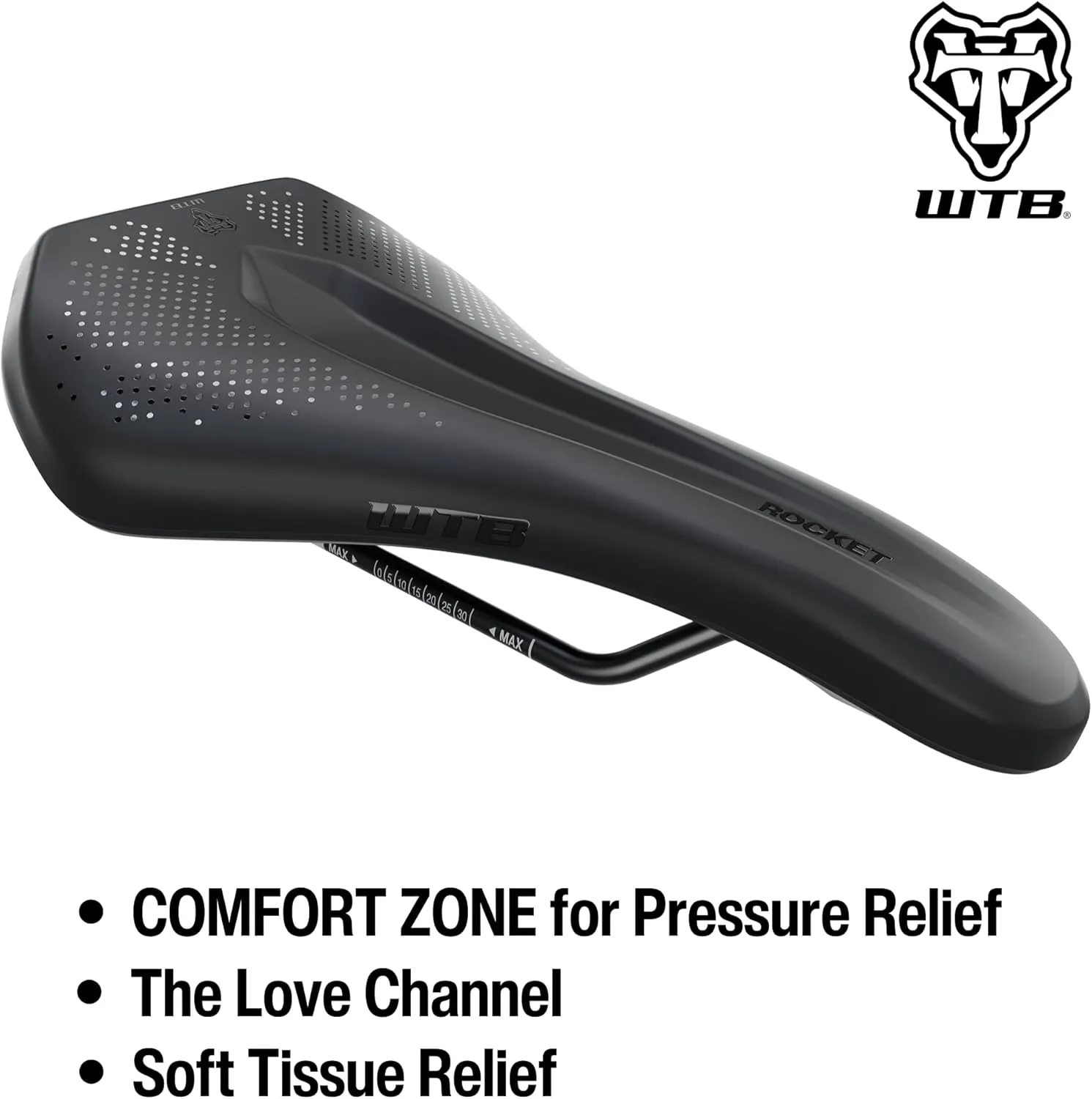 WTB Rocket Fusion Form E-Bike MTB Saddle, Available with Titanium, Stainless Steel, Chromoly, and Steel Rails, Fusion Form Base, Thick Padding Support, Integrated Handle