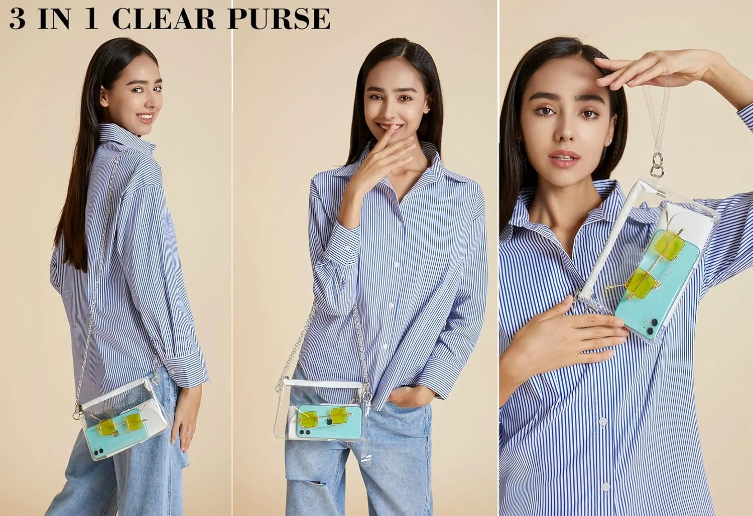 Y&R Direct Cute Clear Bag Purses for Women Stadium Transparent Crossbody Bag with Removable Chain for Sporting Events Concert