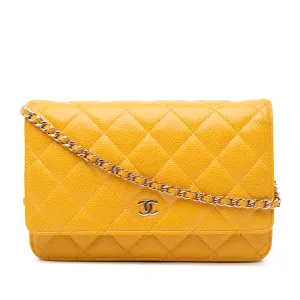 Yellow Chanel CC Quilted Caviar Wallet on Chain Crossbody Bag