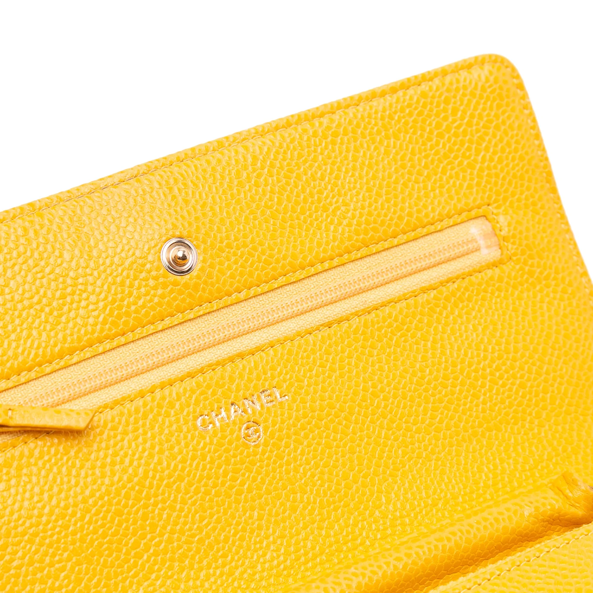 Yellow Chanel CC Quilted Caviar Wallet on Chain Crossbody Bag