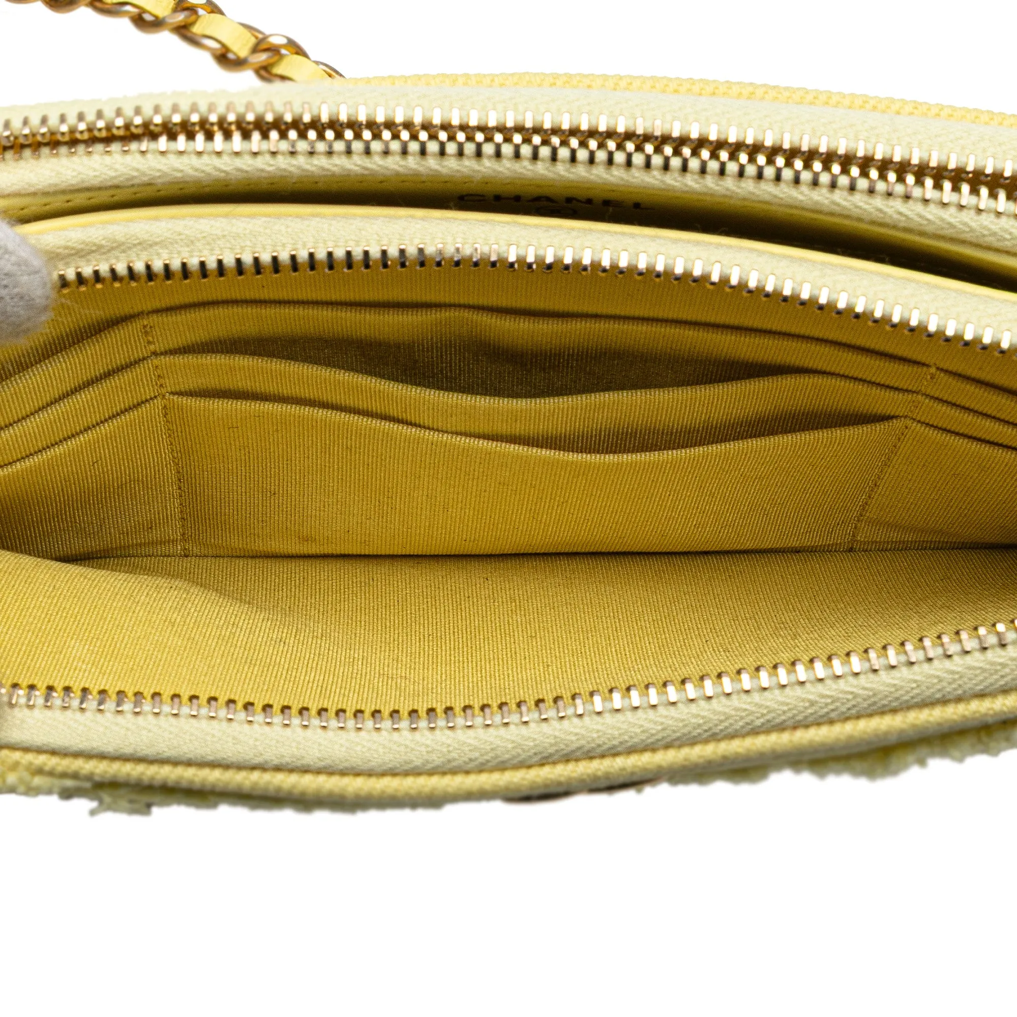 Yellow Chanel Denim Coco Fringe Double Zip Clutch with Chain Crossbody Bag