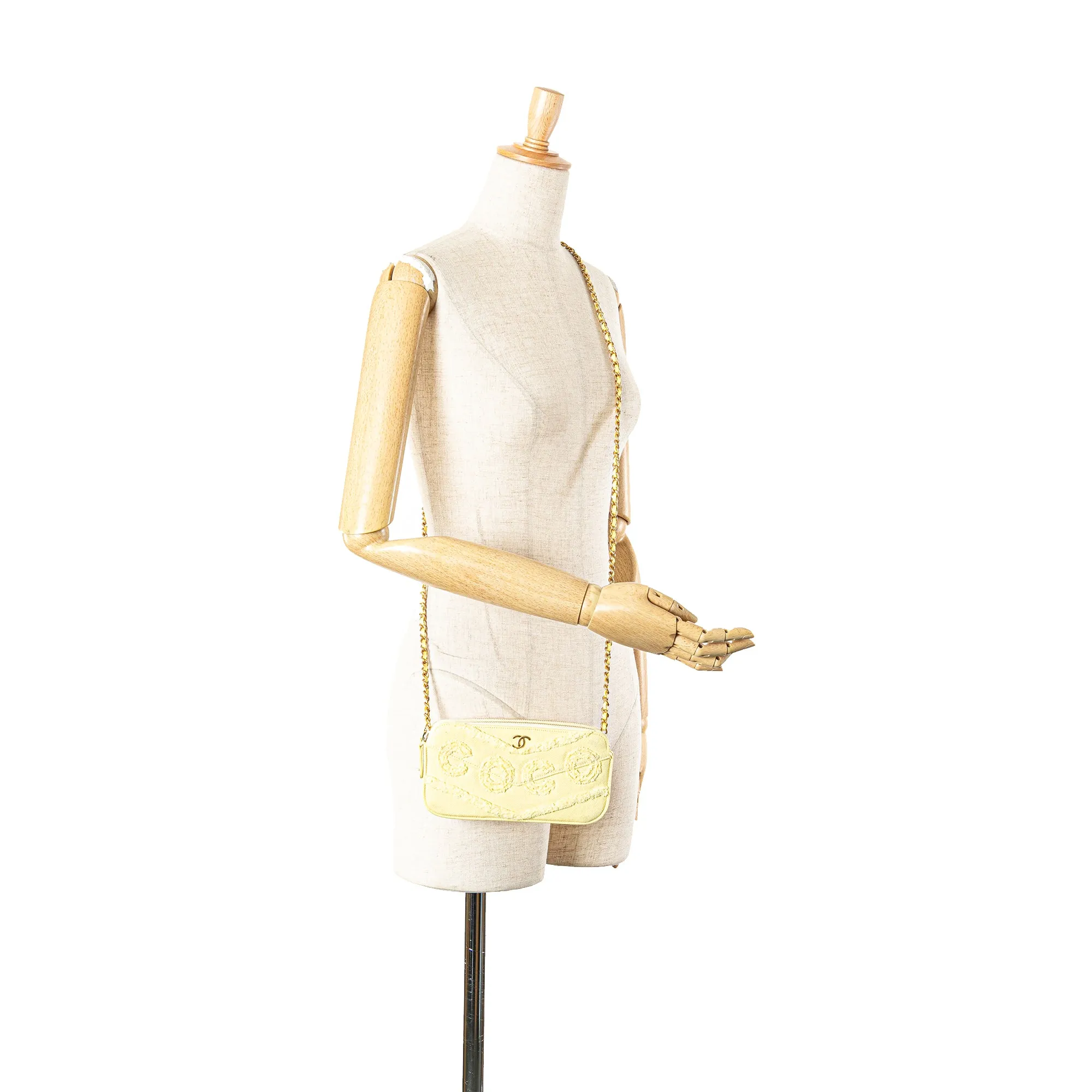Yellow Chanel Denim Coco Fringe Double Zip Clutch with Chain Crossbody Bag