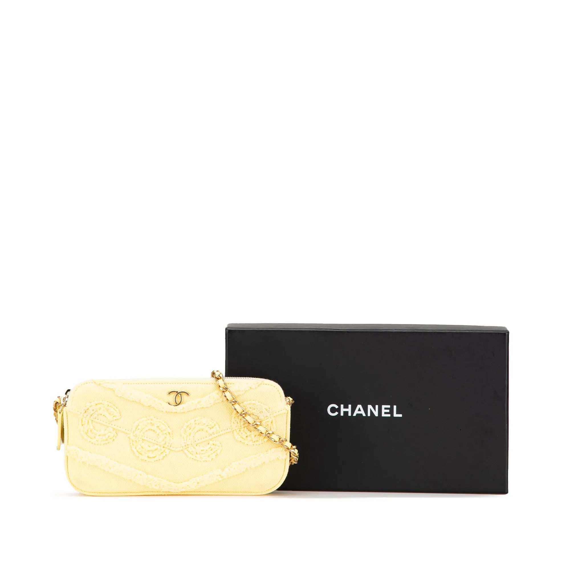 Yellow Chanel Denim Coco Fringe Double Zip Clutch with Chain Crossbody Bag