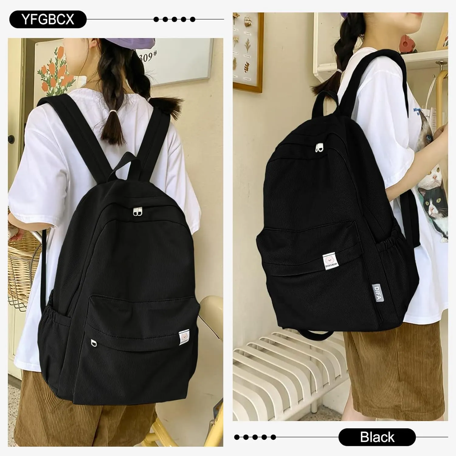 YFGBCX Cute Aesthetic Backpack for School College Student Solid Color Lightweight Classic Women Girls Laptop Casual Kawaii Travel, School, Work Black 16.93x11.42x5.12in