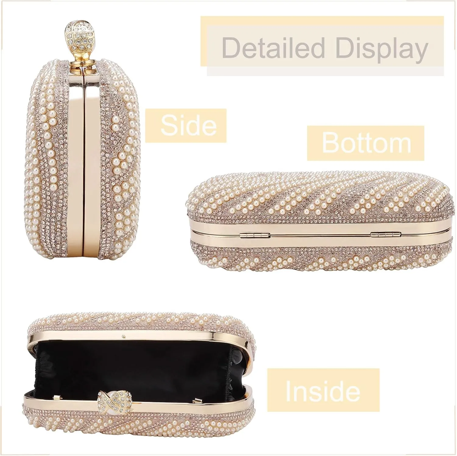 YYW Womens Pearl Clutch Purse Evening Handbags Beaded Bag for Wedding Bride Party with Chain