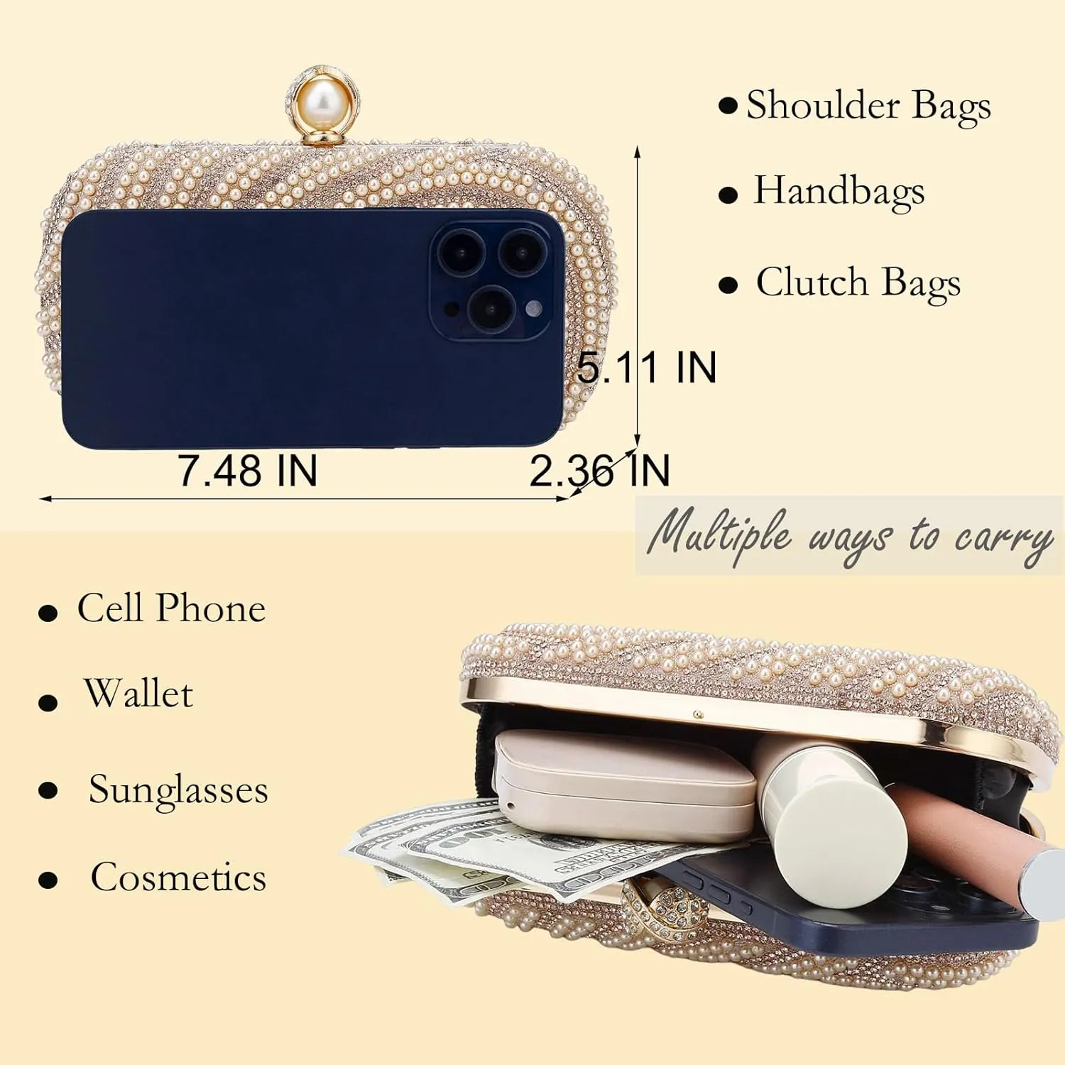 YYW Womens Pearl Clutch Purse Evening Handbags Beaded Bag for Wedding Bride Party with Chain