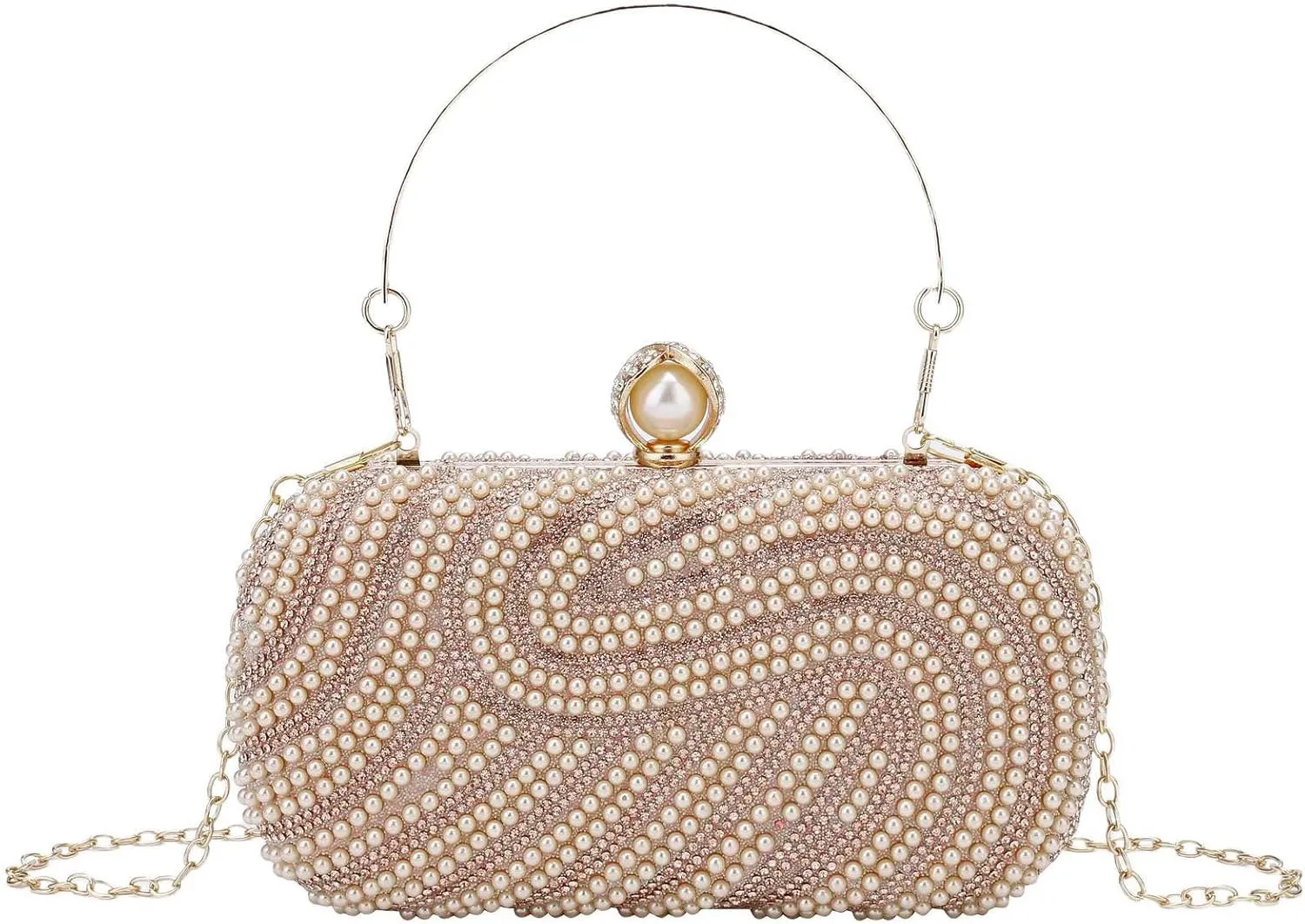 YYW Womens Pearl Clutch Purse Evening Handbags Beaded Bag for Wedding Bride Party with Chain