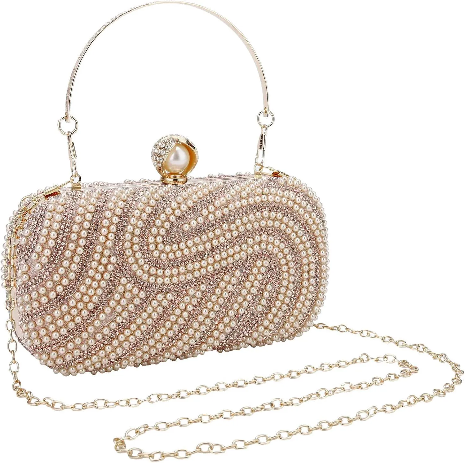 YYW Womens Pearl Clutch Purse Evening Handbags Beaded Bag for Wedding Bride Party with Chain
