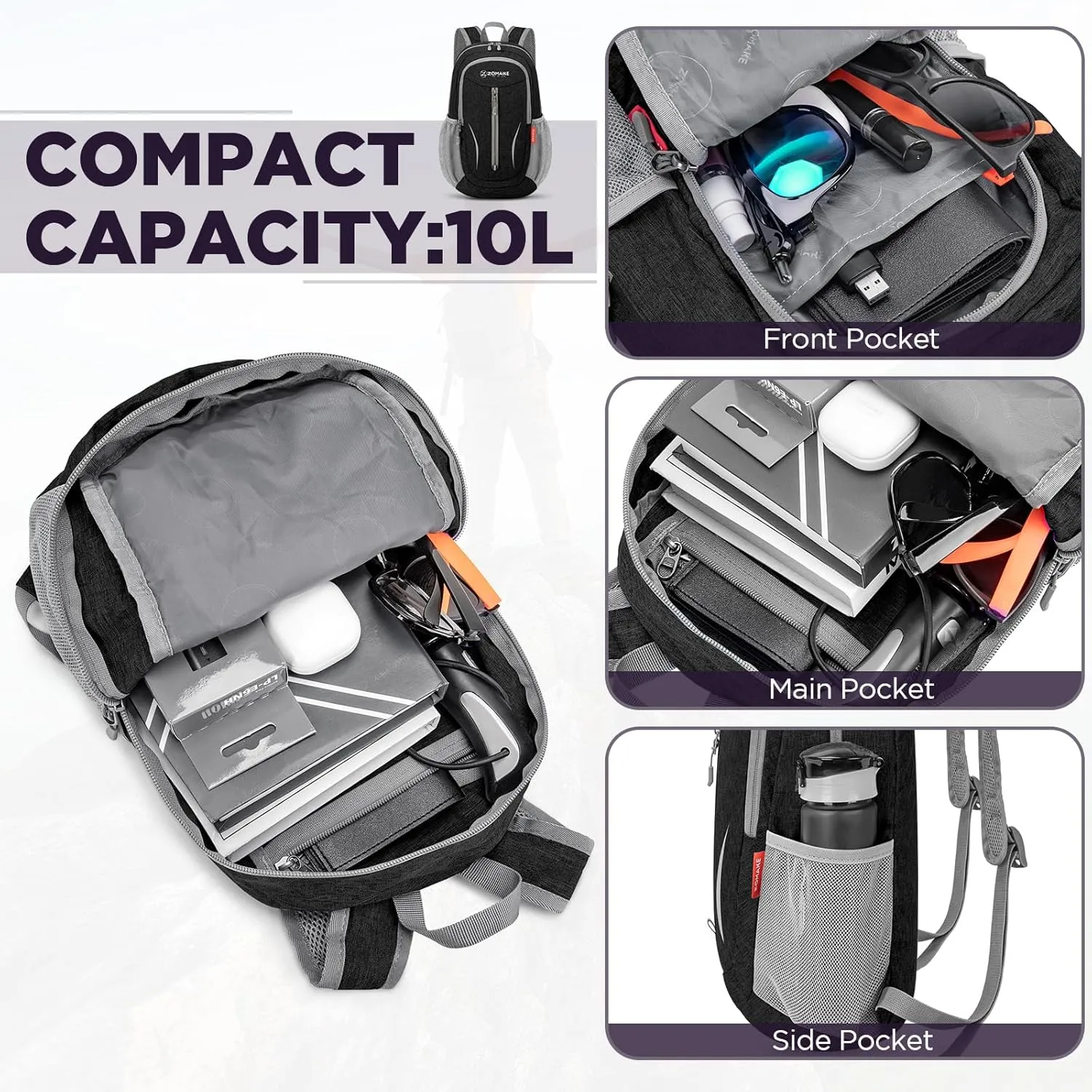ZOMAKE 10L Small Packable Hiking Backpack - Lightweight Hiking Daypack - Tear Resistant Foldable Day Pack for Women Men